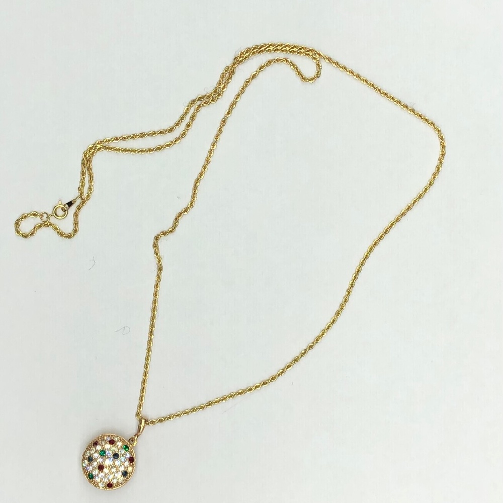 Round Locket Necklace with blue green red rhinestones Long chain